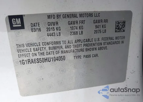 2017 Chevrolet Volt Lt z USA, uszkodzony, nr VIN 1G1RA6S50HU104050